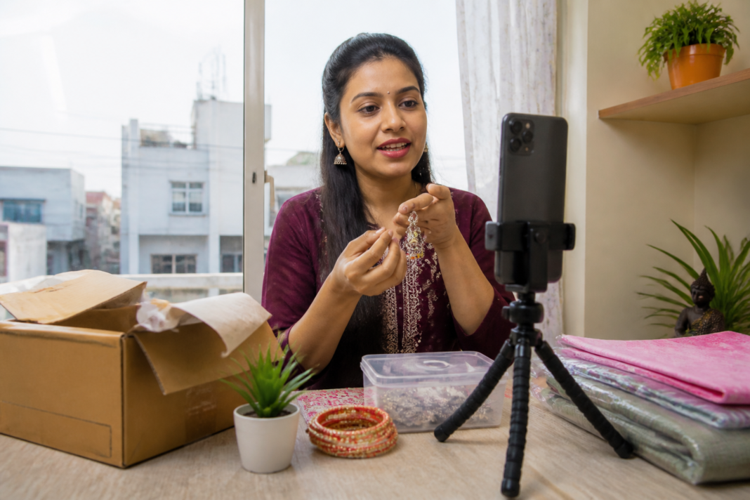 Meesho content commerce creator filming a product video in an Indian home