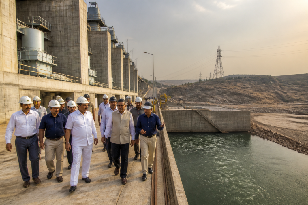 Telangana power supply officials inspect the Pulichintala hydel power generation centre.