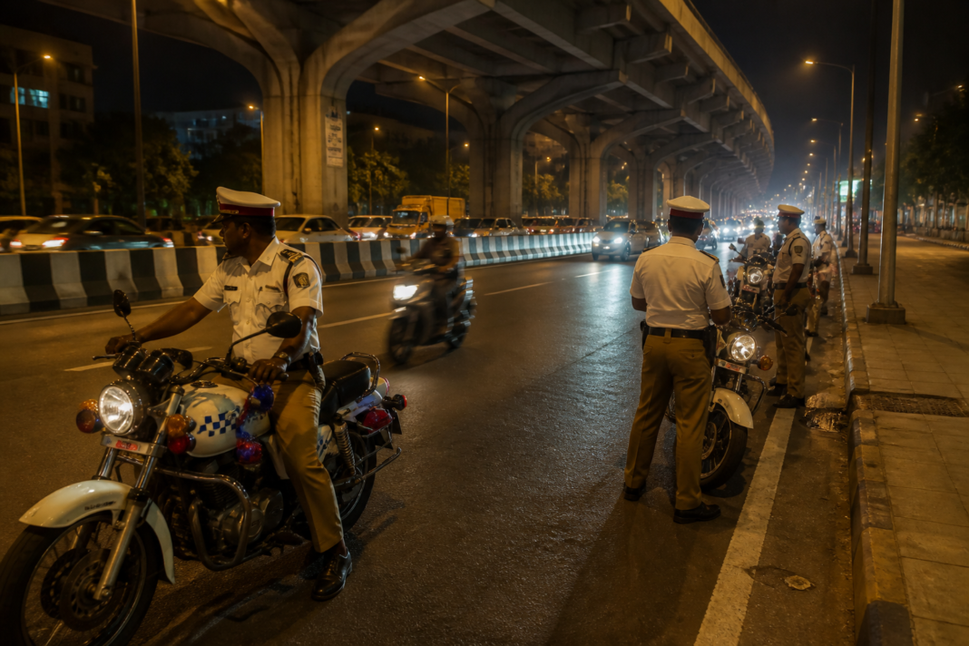 Chennai bike racing crackdown with police monitoring a city road at night