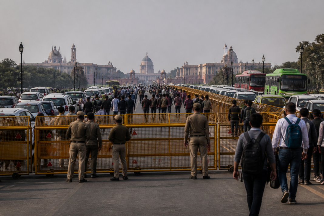 Delhi traffic jam near Parliament Street during an opposition march and road closures.