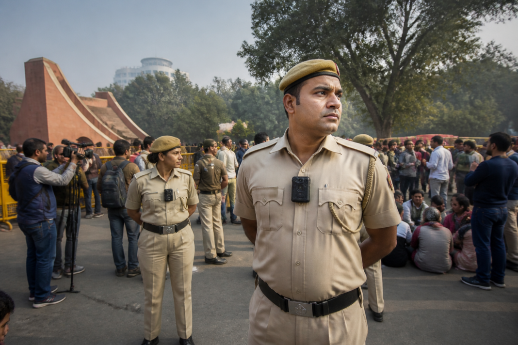 Delhi Police body cameras being used by officers monitoring protests at Jantar Mantar