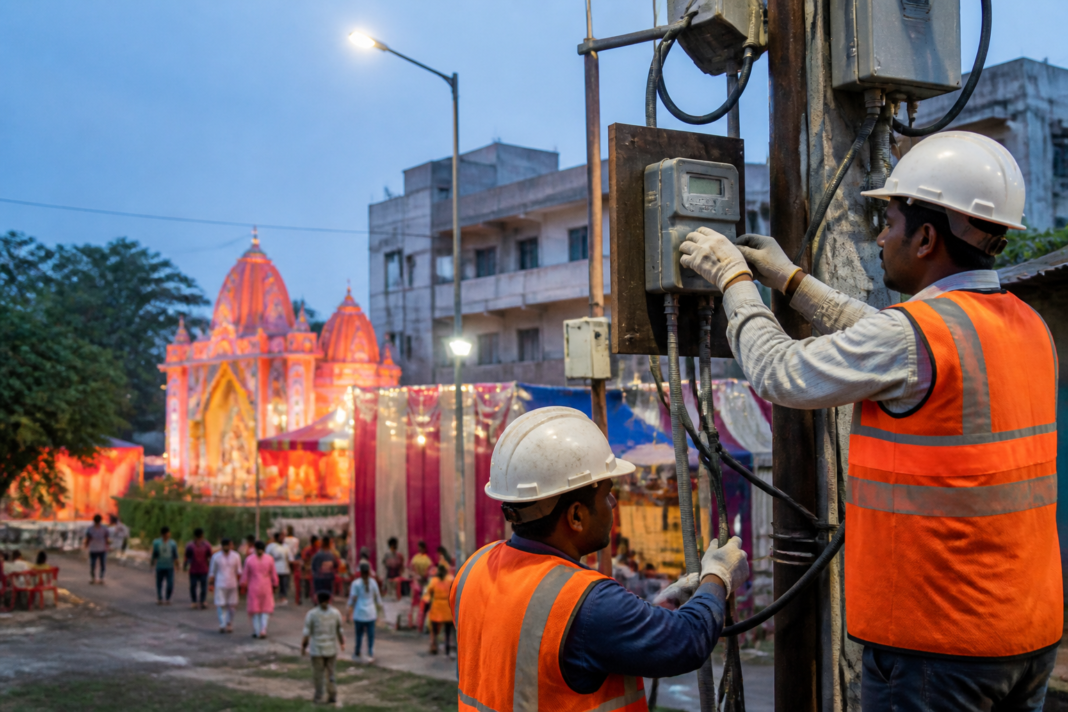 Delhi temporary electricity connections being installed at a festive event venue with safety inspections.