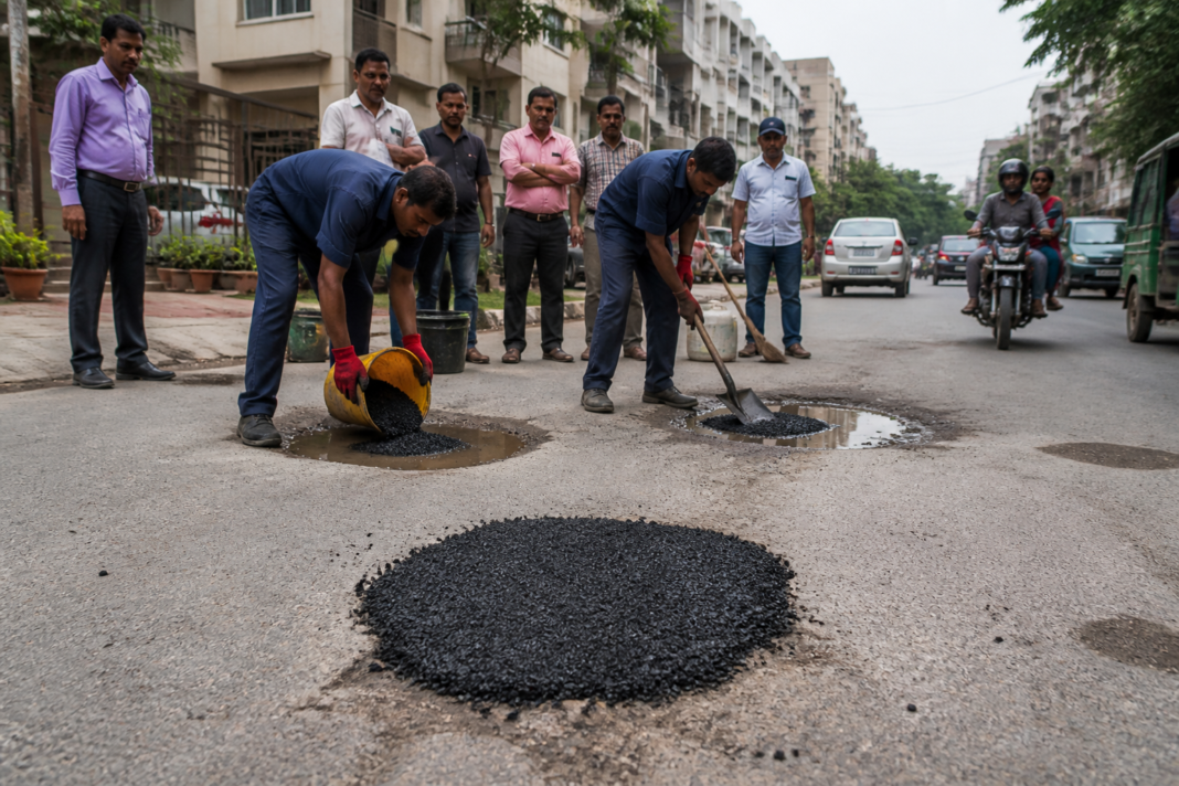 Ecofix being demonstrated for Ghaziabad pothole repair in a water-filled road pothole