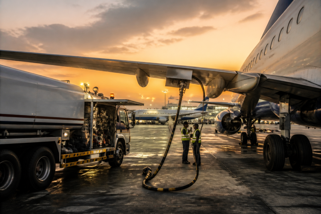Passenger aircraft at an Indian airport amid rising ATF prices and airline fuel charges.