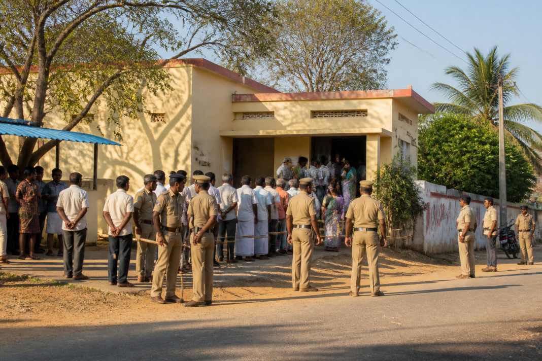 Tamil Nadu bypoll polling booth with voters and security personnel near Dharapuram