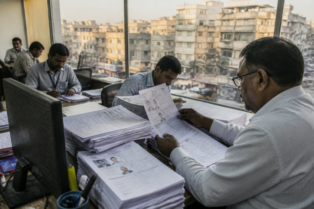 Form 7 misuse concerns shown through voter-list paperwork at a Hyderabad election office