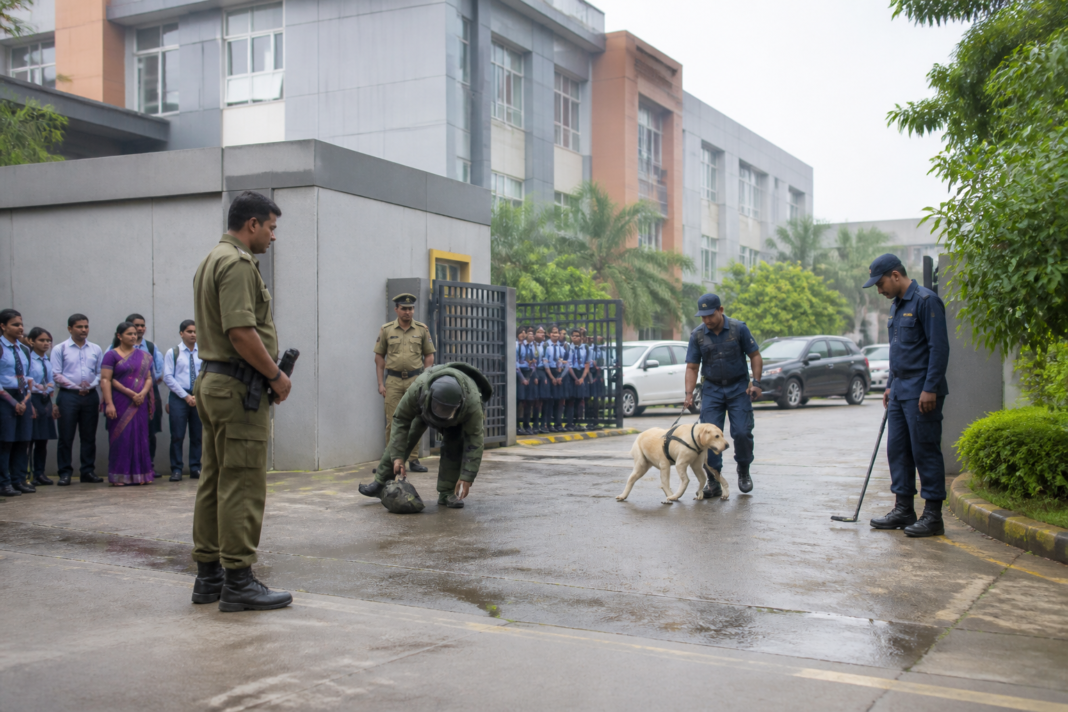 Police response outside a Noida school after a bomb threat email