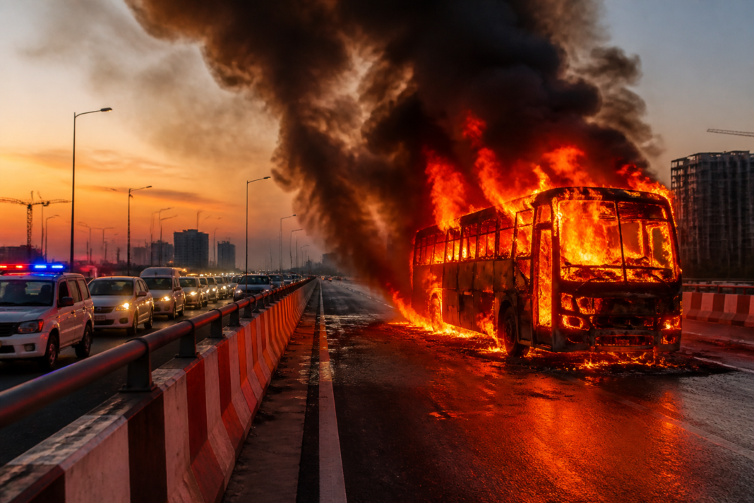 Noida bus fire on the Noida-Greater Noida Expressway with flames and smoke rising from a passenger bus.