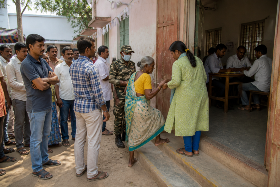 Dharapuram byelection polling booth with voters waiting outside during an election inquiry