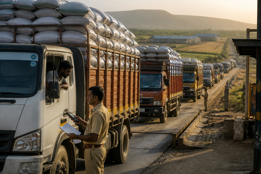 Fertiliser trucks monitored through e-way bills on an Indian road
