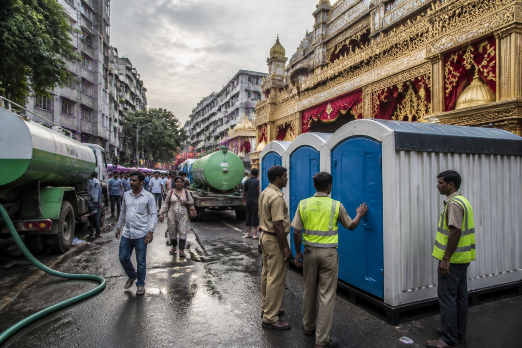 Kolkata bio-toilets installed near a crowded Durga Puja pandal