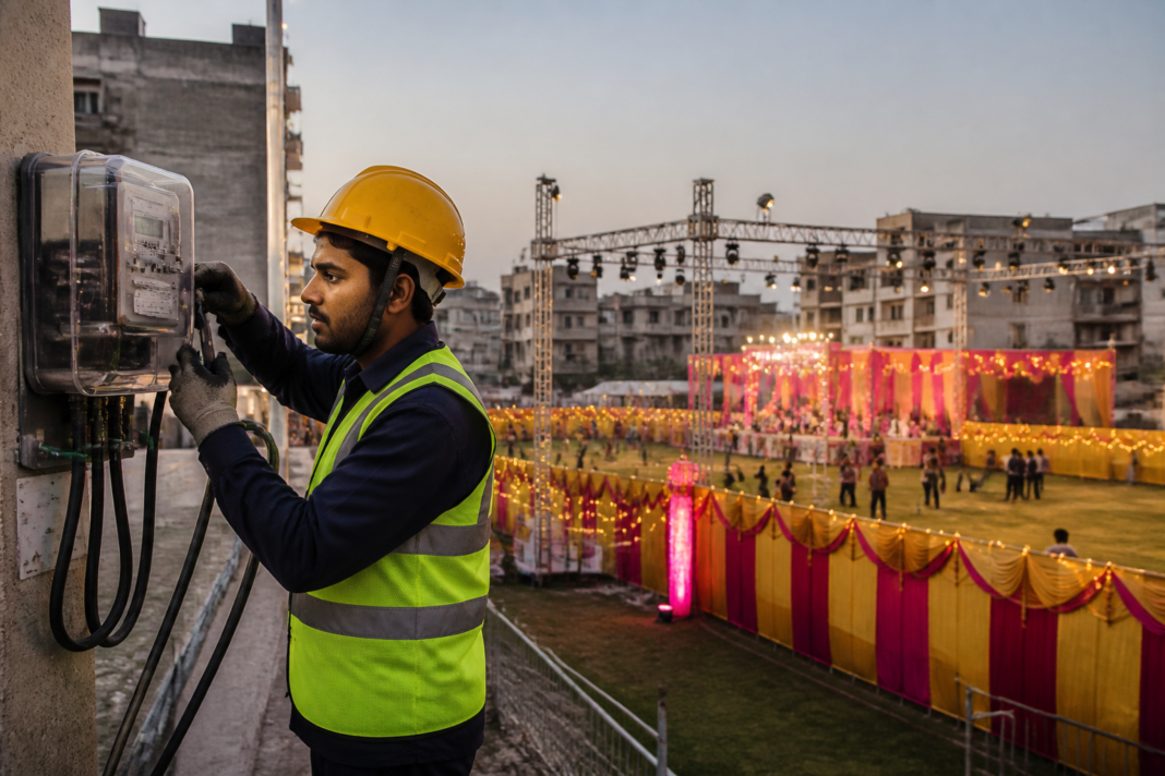 Delhi temporary power connection meter being installed for a festive event