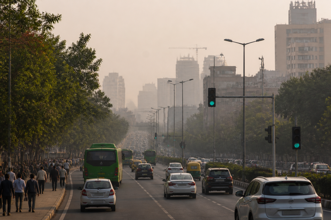 Delhi weather under hazy skies with commuters and urban traffic during above-normal temperatures