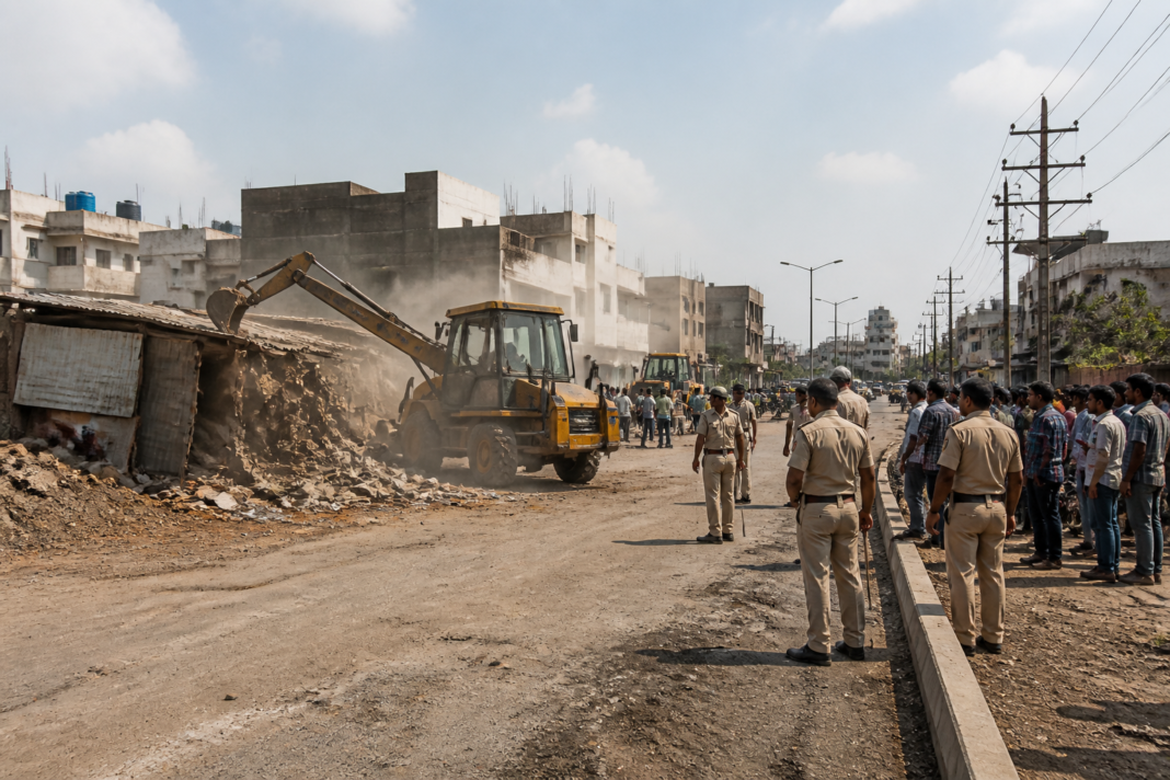 RE-2 road expansion work and demolition activity in Indore near Pipliyahana