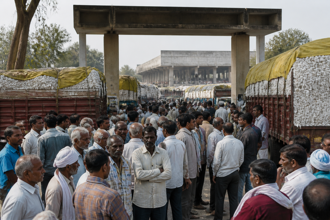 Farmers and cotton vehicles outside the Anand Nagar mandi during a Khargone cotton procurement protest.