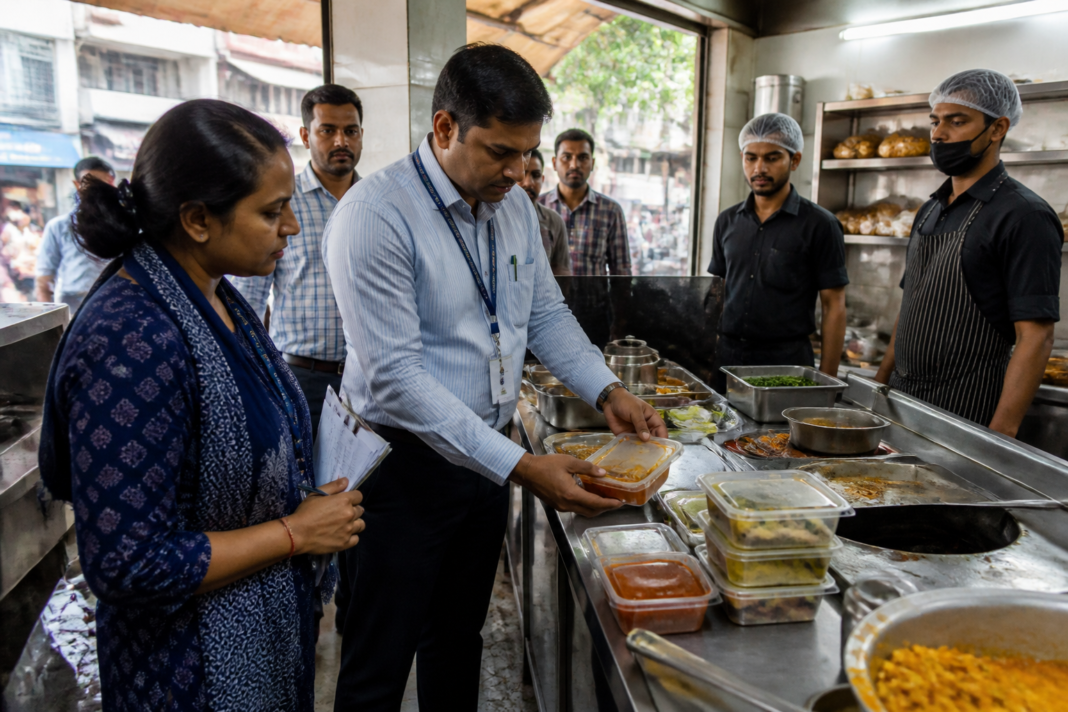 Surat food safety officials inspect a food outlet during a municipal enforcement drive.