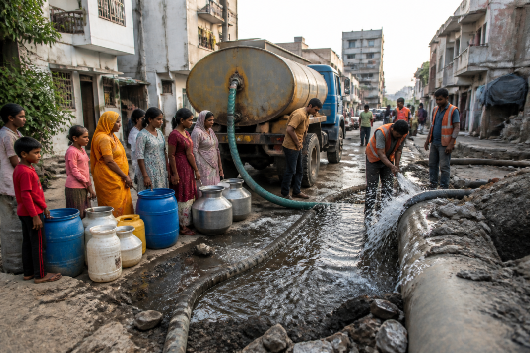 Nashik water crisis reflected by a municipal tanker supplying residents near a leaking pipeline.