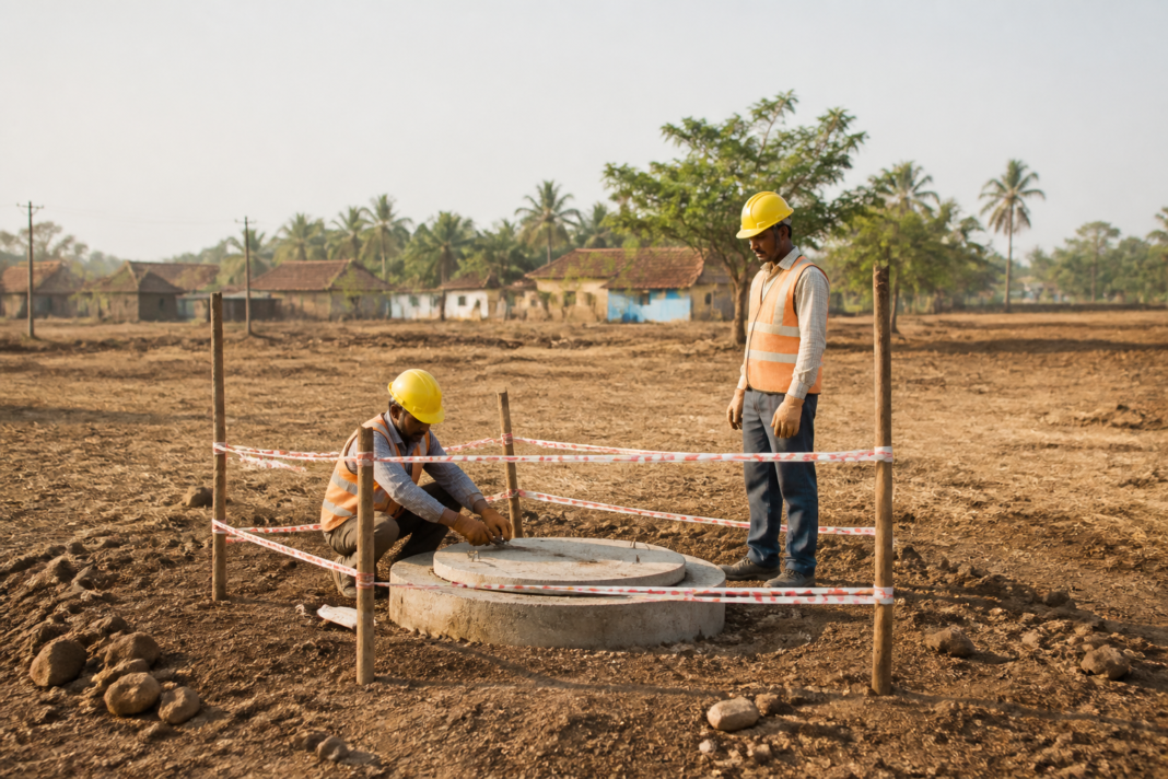 Karnataka borewell safety campaign workers securing an open borewell near a rural settlement