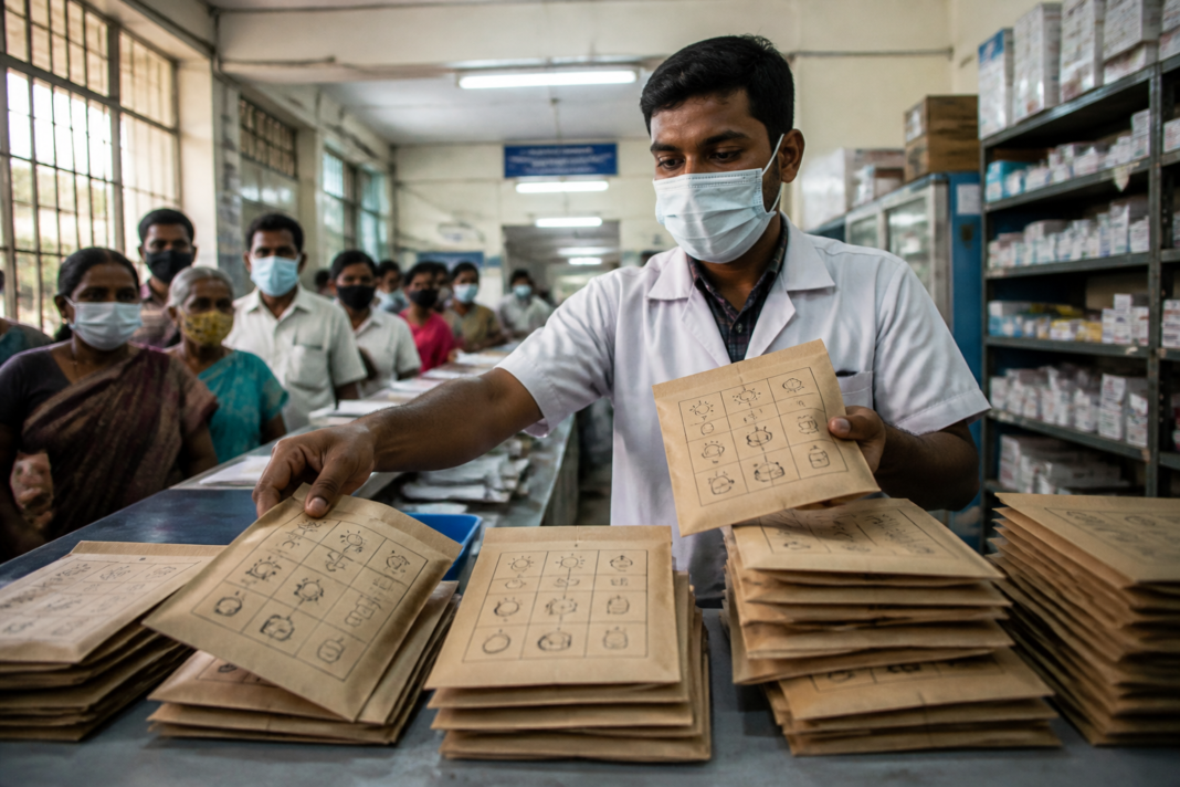 Coimbatore government hospital medicine covers arranged beside a pharmacy counter