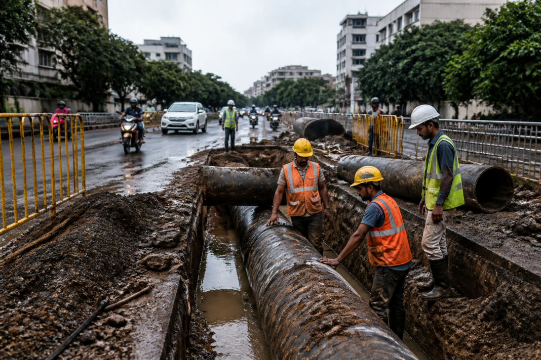 Bengaluru water supply disruption near a pipeline worksite on Mahadevapura–Whitefield Road