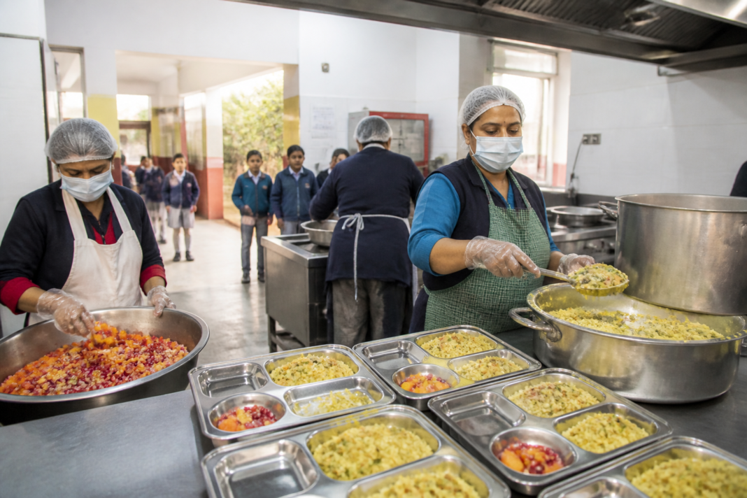 Delhi MCD school meals being prepared for children in a municipal school kitchen