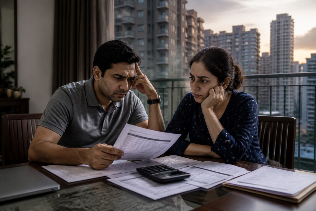 Home loan EMI comparison shown beside a Mumbai apartment building and household budget papers.