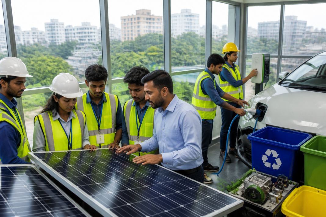 Green jobs India workers operating a solar and electric mobility training facility