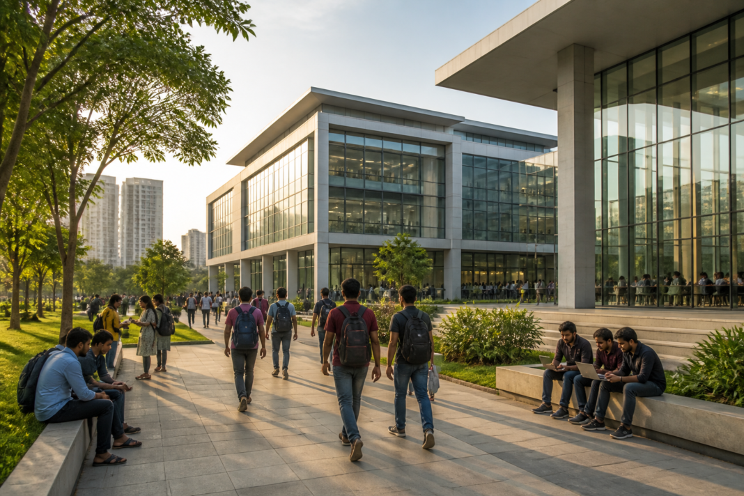 CU Denver Hyderabad campus concept with students and a modern urban university setting