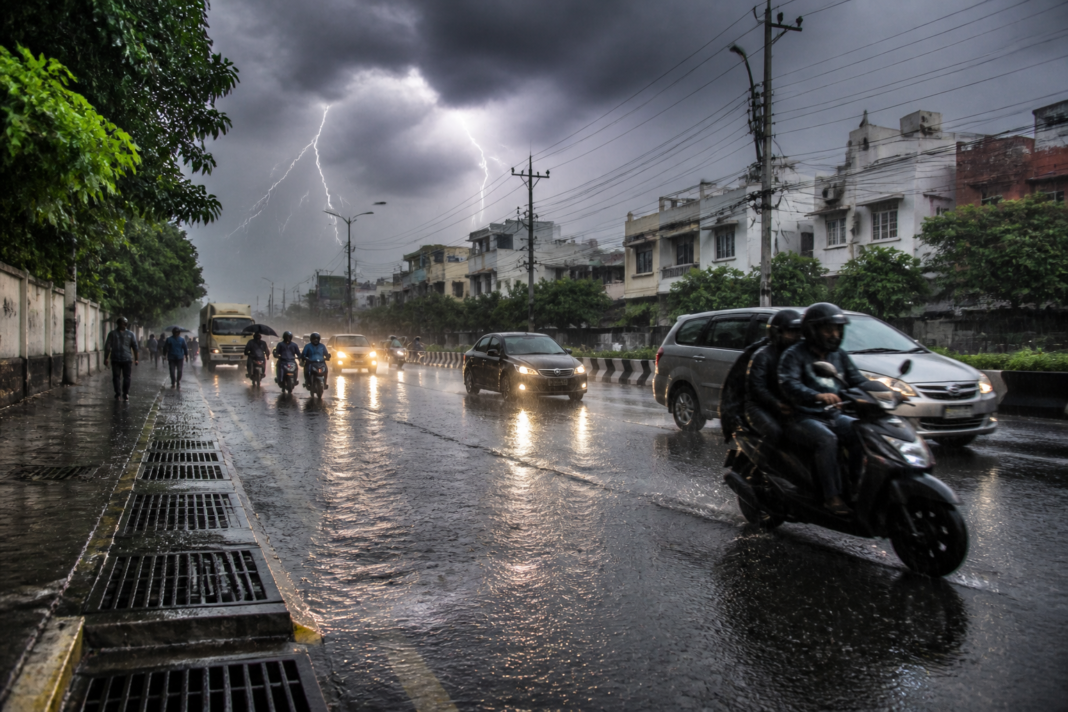 Tamil Nadu heavy rain alert over a rain-soaked urban road with commuters and dark storm clouds