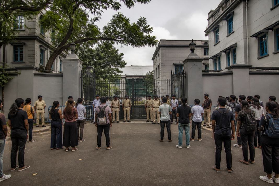 SRFTI campus gate in Kolkata under police watch during the student safety protest