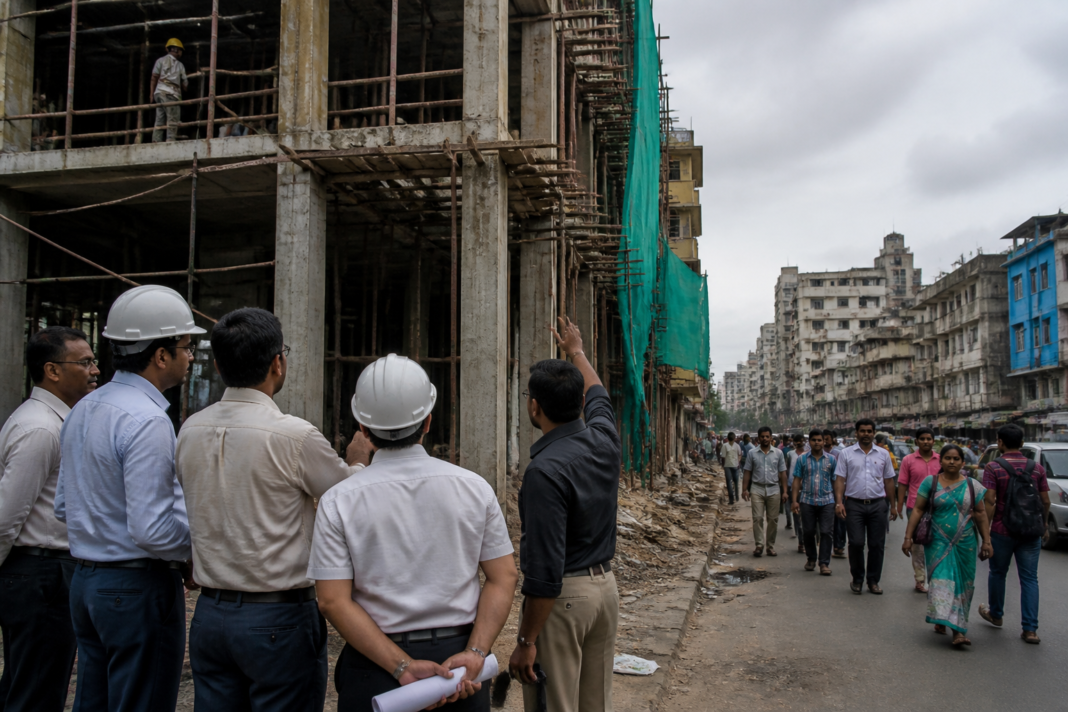 Kolkata building department officials inspect construction activity near a dense urban neighbourhood.