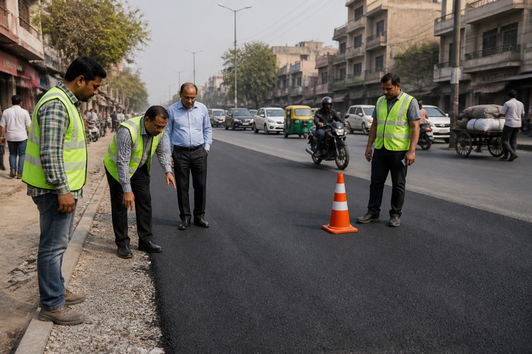 Delhi road quality inspection on a newly constructed urban road with PWD officials and traffic