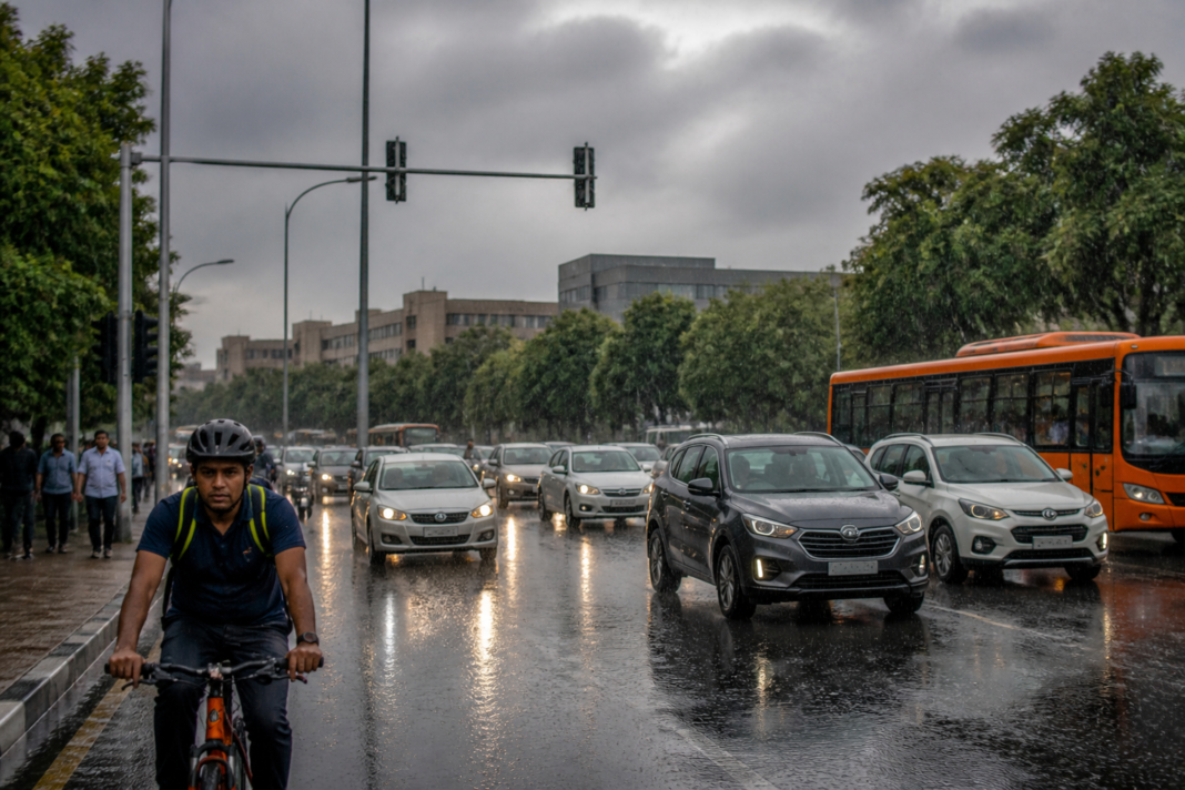 Delhi-NCR weather forecast showing dark clouds and light rain over an urban road