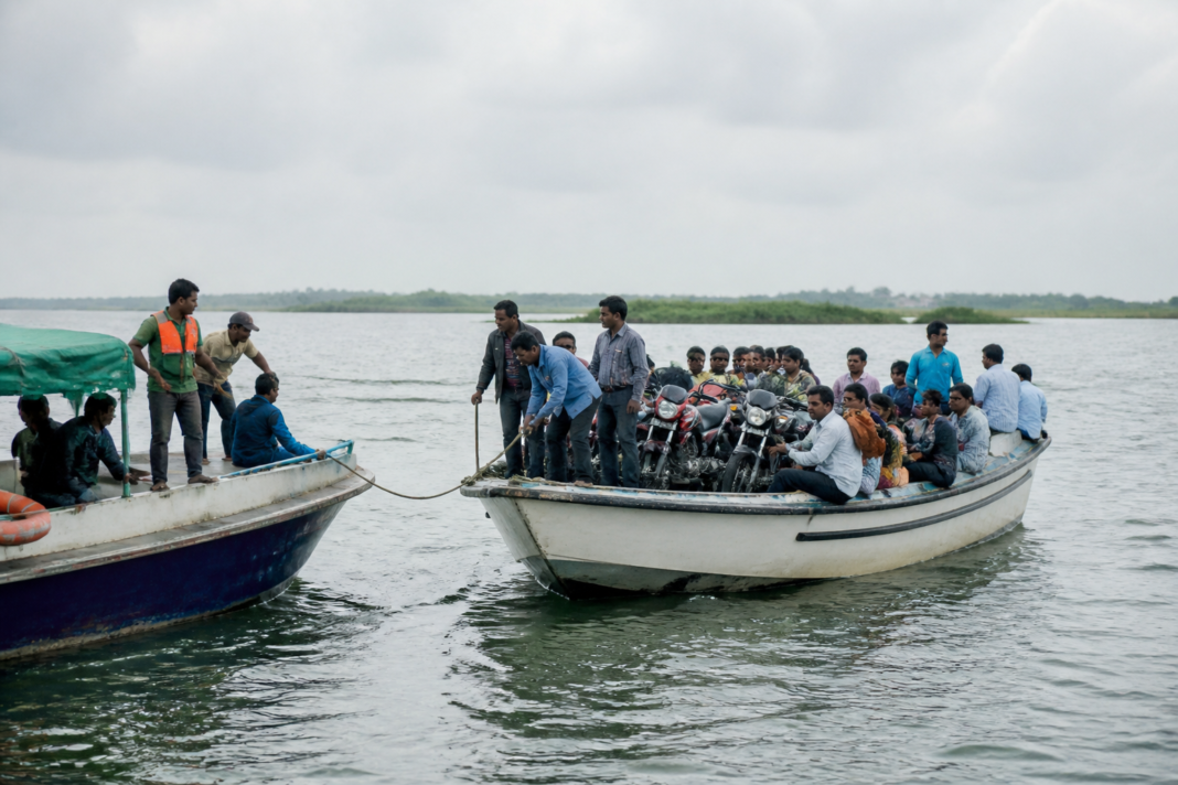 Chilika boat carrying passengers across the lagoon near the Janhikuda-Satapada route
