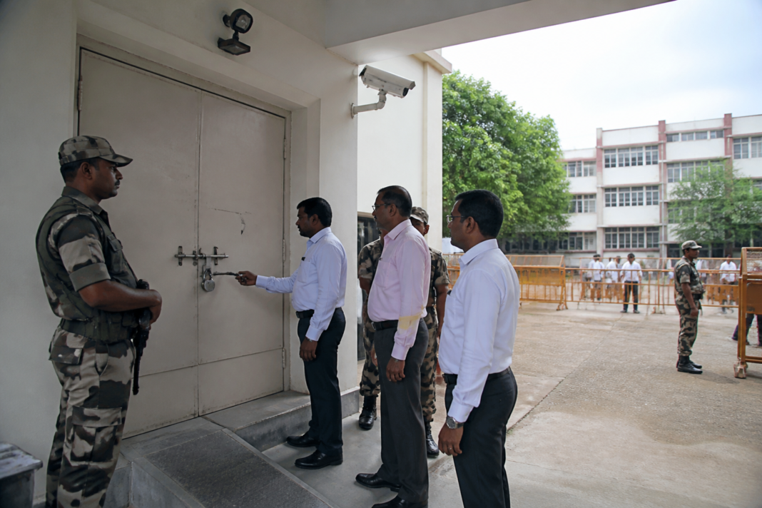 Dharapuram bypoll EVM security arrangements at a sealed election strong room in Tirupur