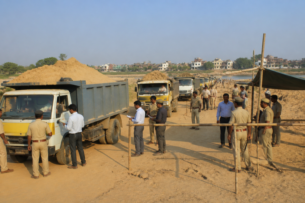 Illegal sand mining enforcement near a sand ghat in Gaya, Bihar