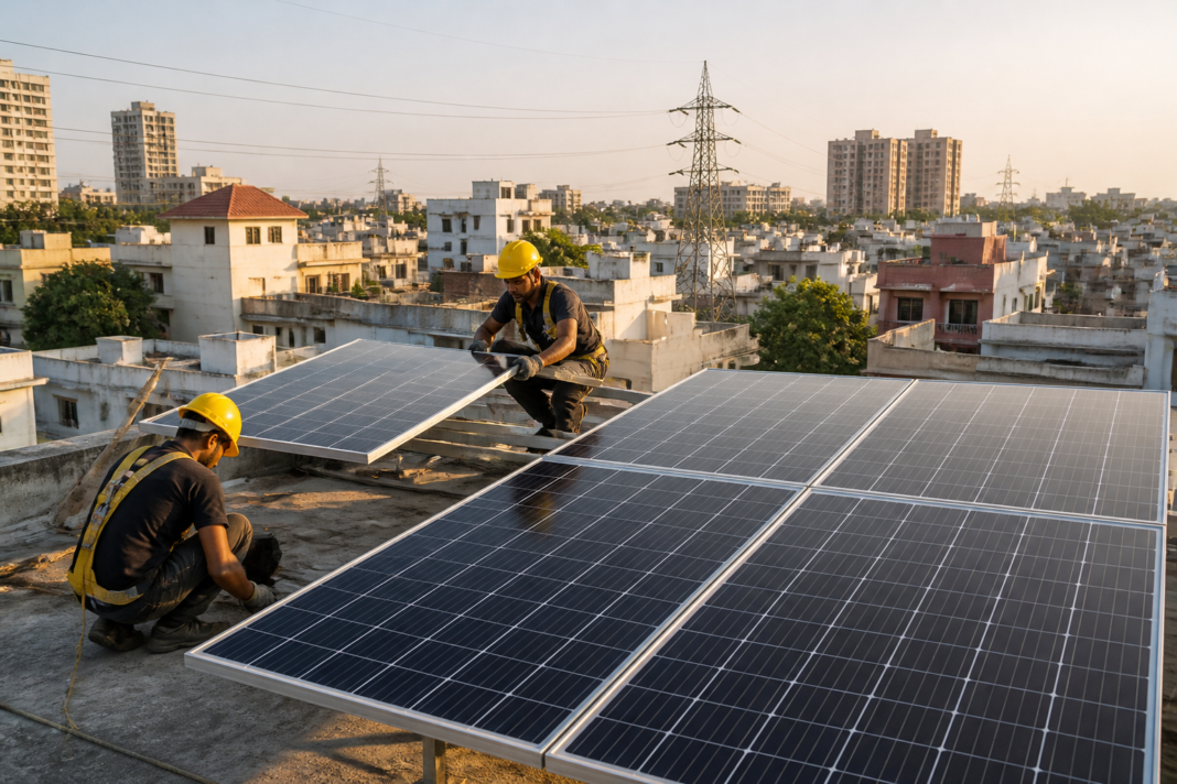 PM Surya Ghar rooftop solar panels on an Indian home connected to the electricity grid