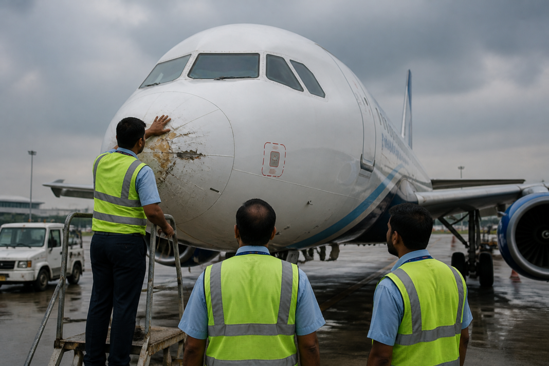 IndiGo flight lightning strike leaves visible damage on an aircraft nose after landing in Lucknow.
