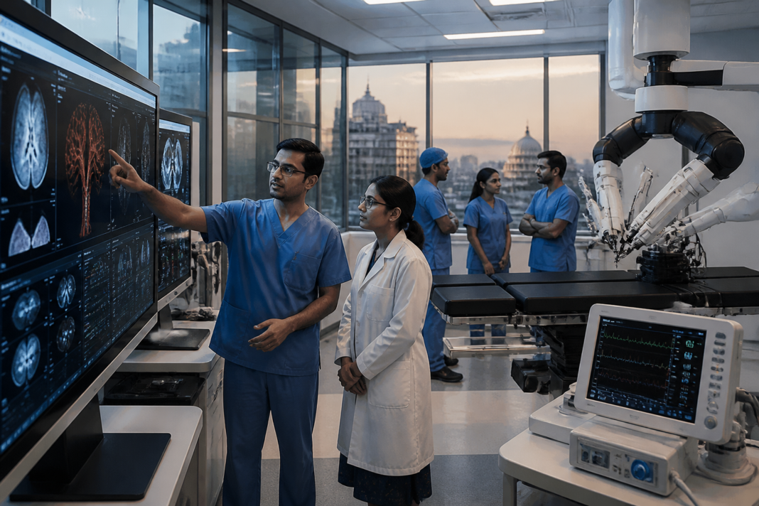 Kolkata hospitals AI technology shown through advanced imaging and robotic surgery equipment
