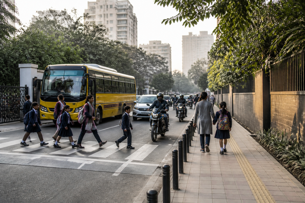 Vision Zero road safety scene with pedestrians and two-wheelers on a Delhi-NCR street
