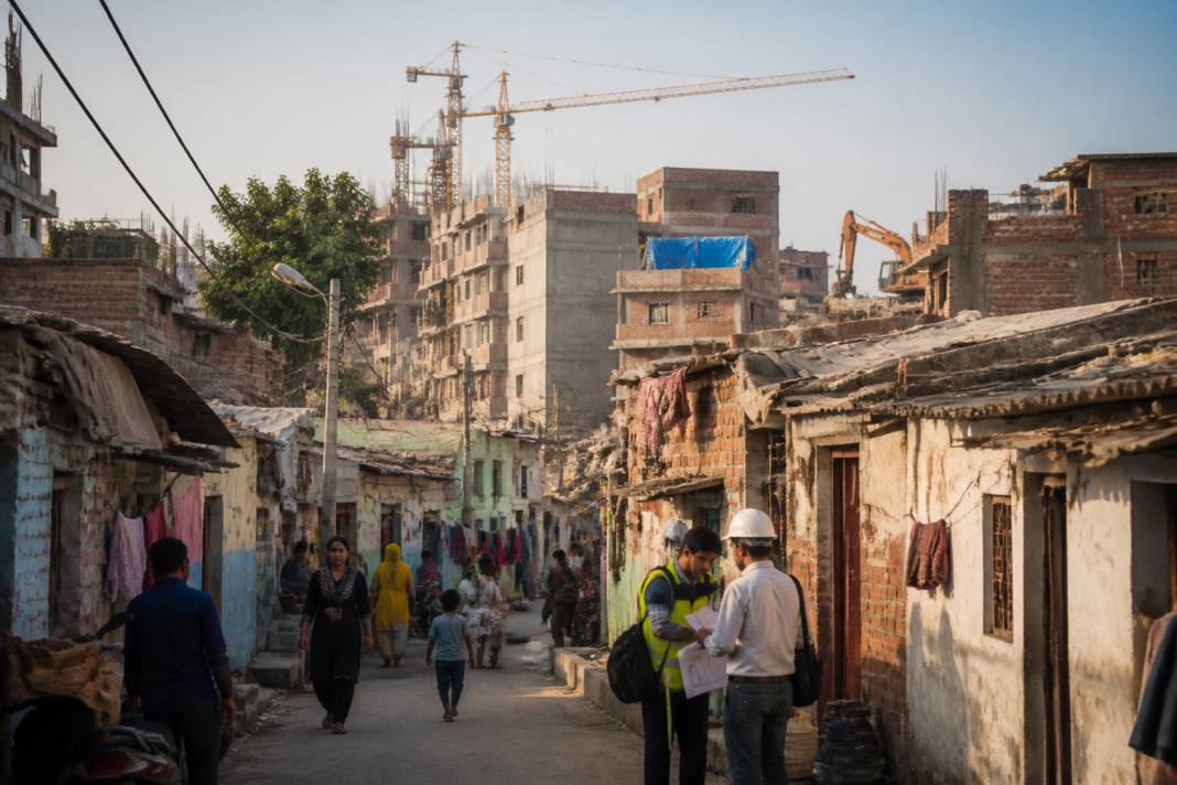 Delhi JJ cluster rehabilitation site with dense housing and planned redevelopment context