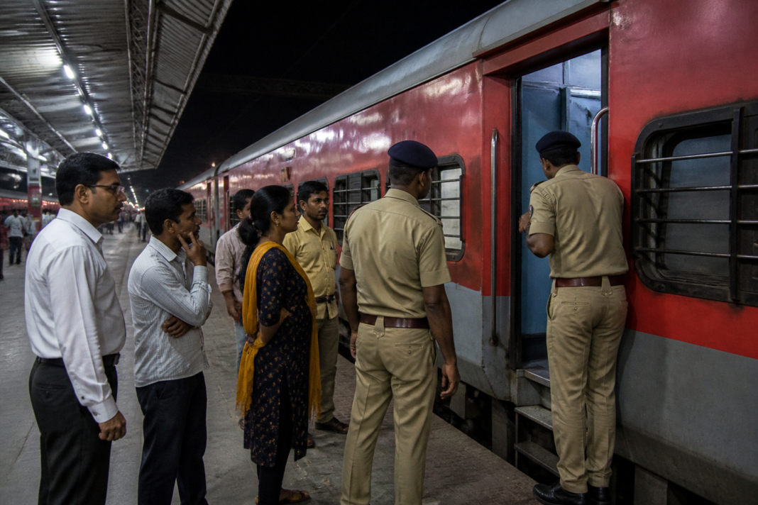 Vivek Express train at a railway station during a search for missing passenger Himashri Boro