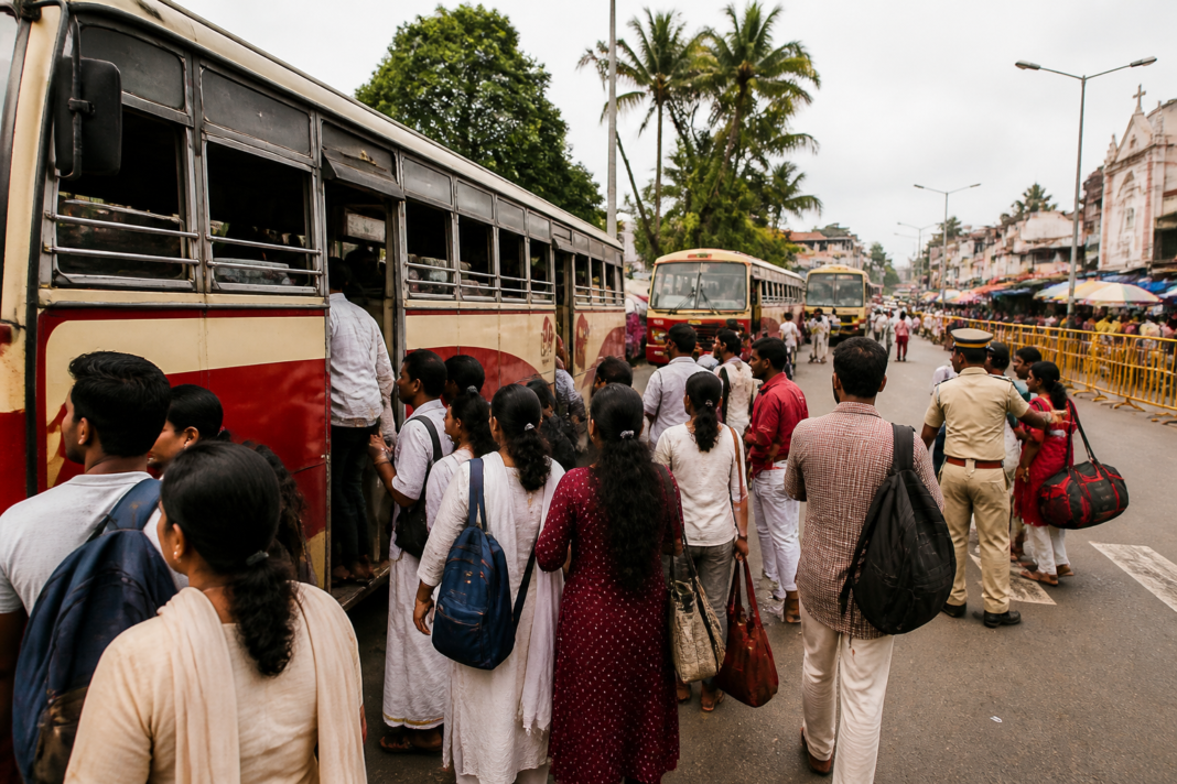 KSRTC special services buses operating near a busy Thiruvananthapuram pilgrimage centre