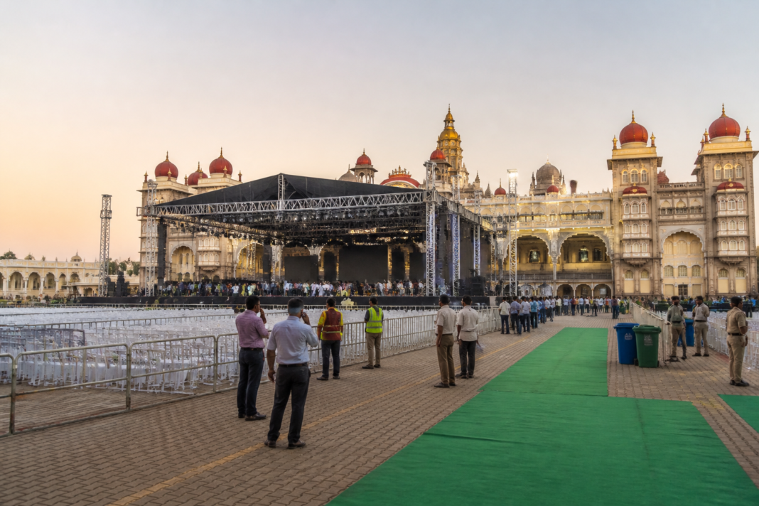 Mysuru Dasara preparations at the Ambavilas Palace courtyard with a temporary festival stage