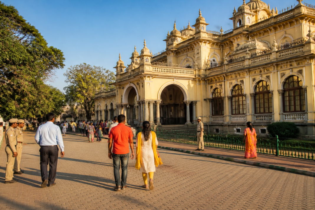 Mysuru heritage conservation near a historic palace building with visitors and urban activity