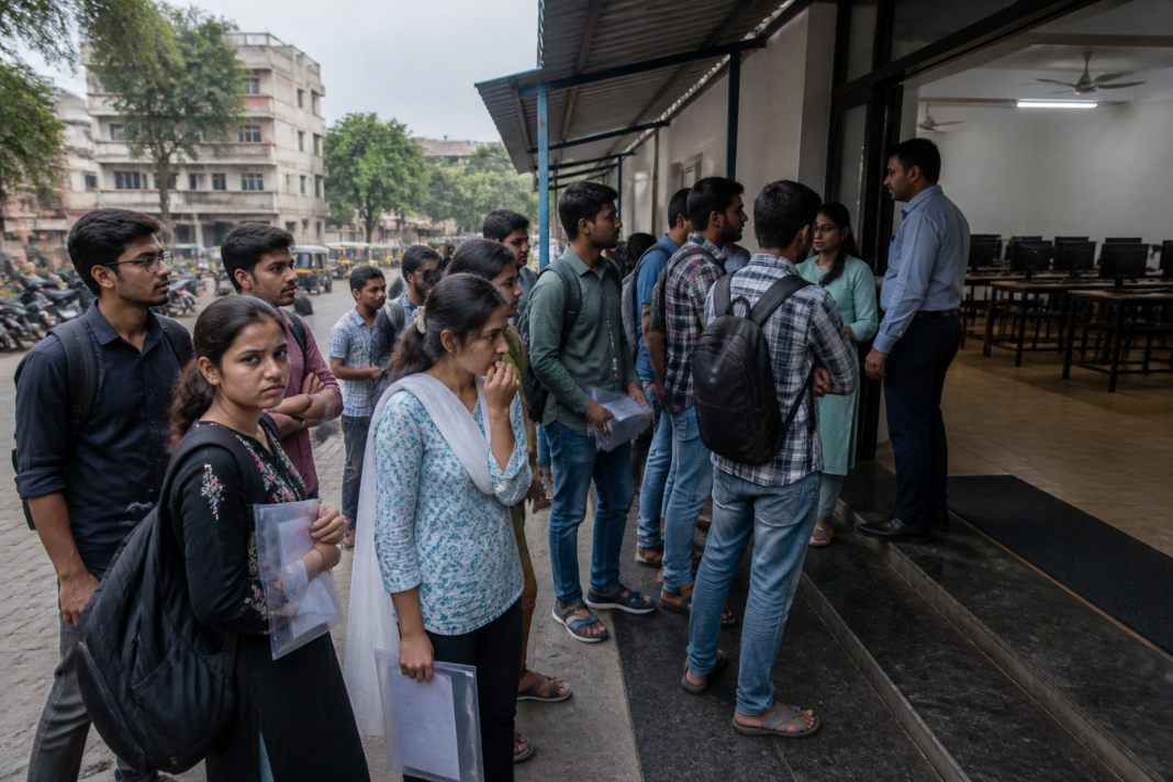 Mahajyoti exam candidates waiting outside an examination centre in Pune