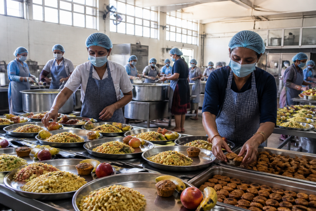 MCD school meals being prepared for children in a Delhi municipal school kitchen