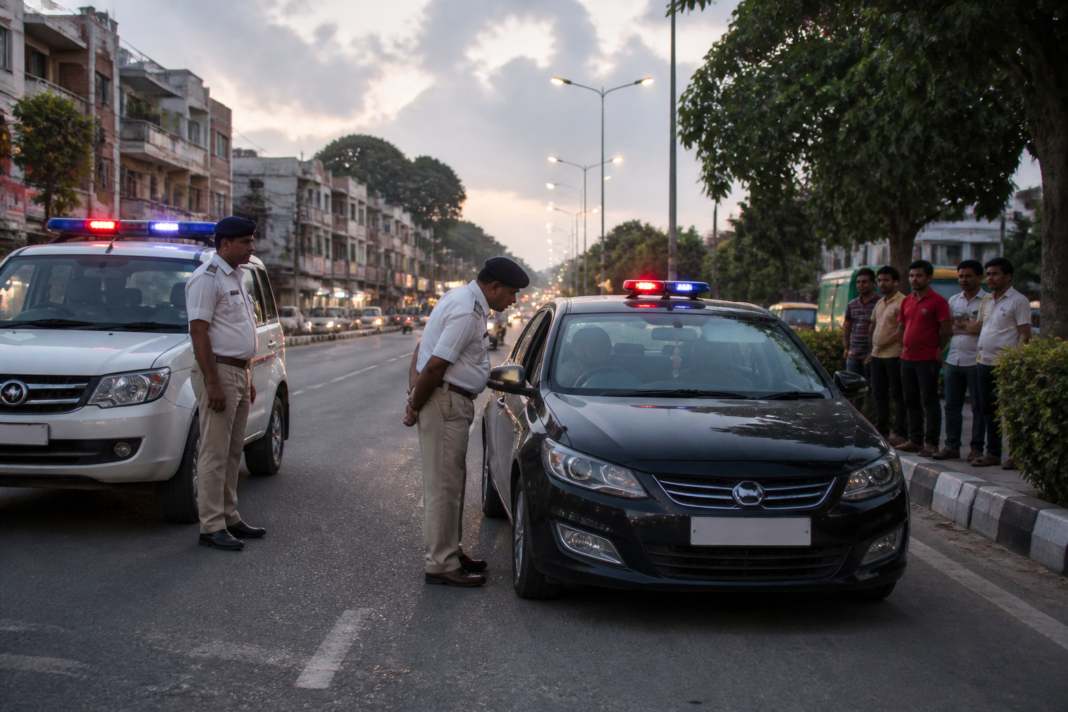 Panchkula traffic police vehicle stopping a car during a road enforcement check