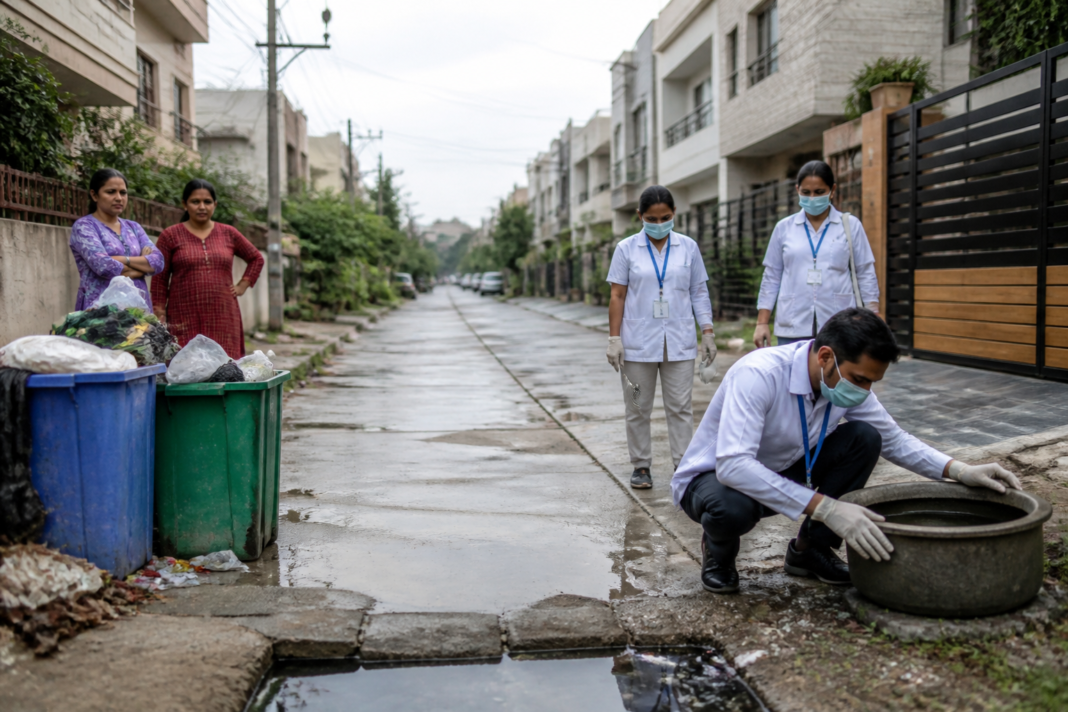 Panchkula dengue cases rise as sanitation workers inspect a neighbourhood for mosquito breeding sites