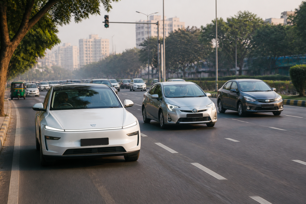 CAFE-3 standards represented by electric and hybrid cars on an Indian city road